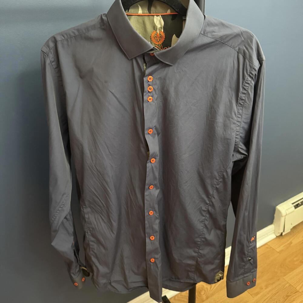 Au Noir, Mens Navy Button Up Shirt w/ Camo Detail, Size 4/Large